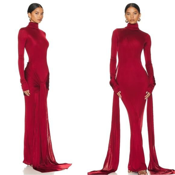 Helsa Slinky Jersey Sarong Long Sleeve Draped Maxi Dress in Samba Red Size XS - Picture 4 of 13